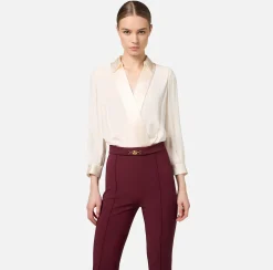 Elisabetta Franchi Jumpsuits|Jumpsuit in viscose with crossover blouse and flared trousers with horsebit Butter/RougeNoir