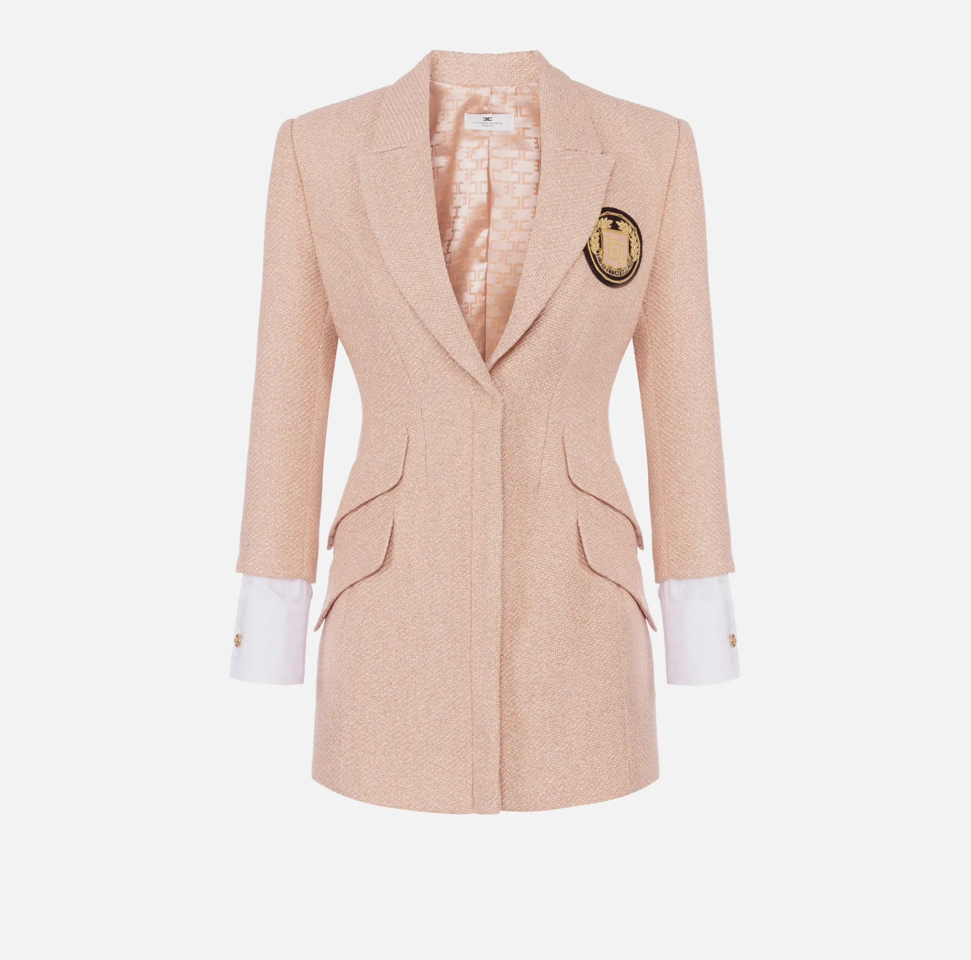Elisabetta Franchi Mini Dresses|Coat Dresses|Laminated tweed coat dress with logo patch PeachRose