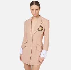 Elisabetta Franchi Mini Dresses|Coat Dresses|Laminated tweed coat dress with logo patch PeachRose