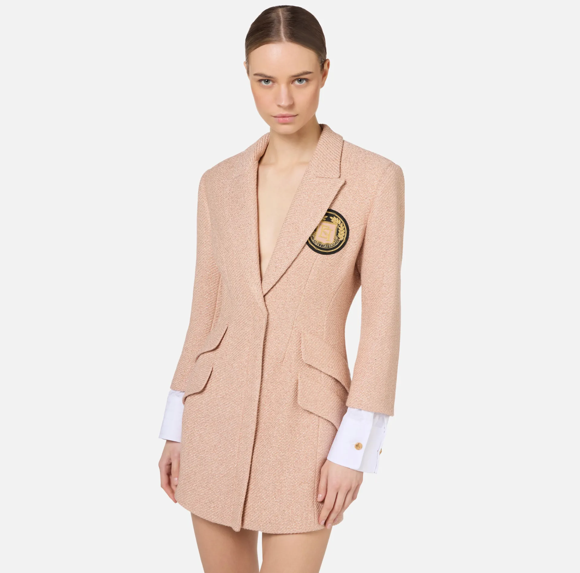 Elisabetta Franchi Mini Dresses|Coat Dresses|Laminated tweed coat dress with logo patch PeachRose