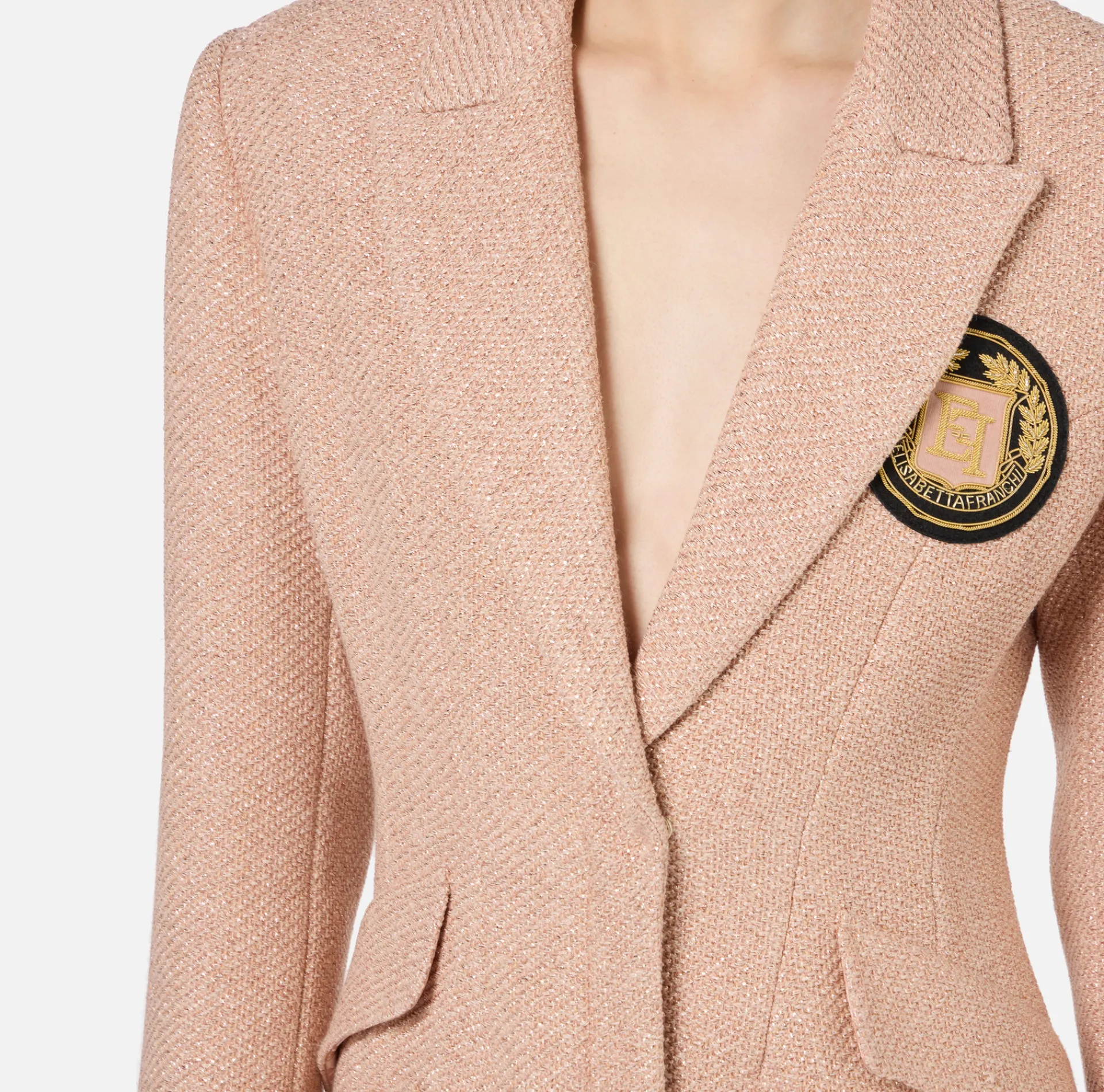 Elisabetta Franchi Mini Dresses|Coat Dresses|Laminated tweed coat dress with logo patch PeachRose
