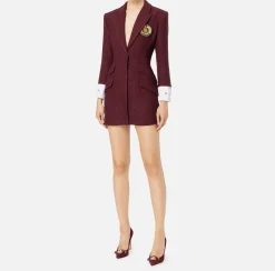 Elisabetta Franchi Mini Dresses|Coat Dresses|Laminated tweed coat dress with logo patch RougeNoir