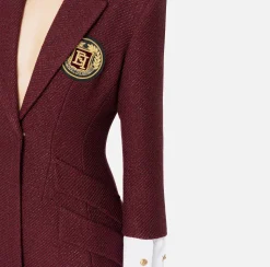 Elisabetta Franchi Mini Dresses|Coat Dresses|Laminated tweed coat dress with logo patch RougeNoir