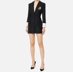 Elisabetta Franchi Mini Dresses|Coat Dresses|Laminated tweed coat dress with logo patch Black