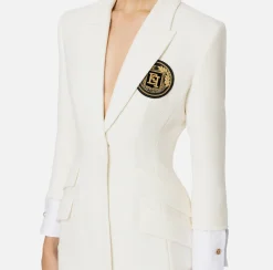 Elisabetta Franchi Mini Dresses|Coat Dresses|Laminated tweed coat dress with logo patch Ivory