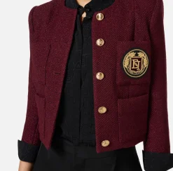Elisabetta Franchi Jackets And Trench Coats|Laminated tweed cropped jacket with pockets RougeNoir