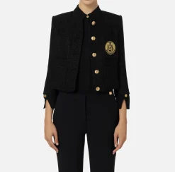 Elisabetta Franchi Jackets And Trench Coats|Laminated tweed cropped jacket with pockets Black