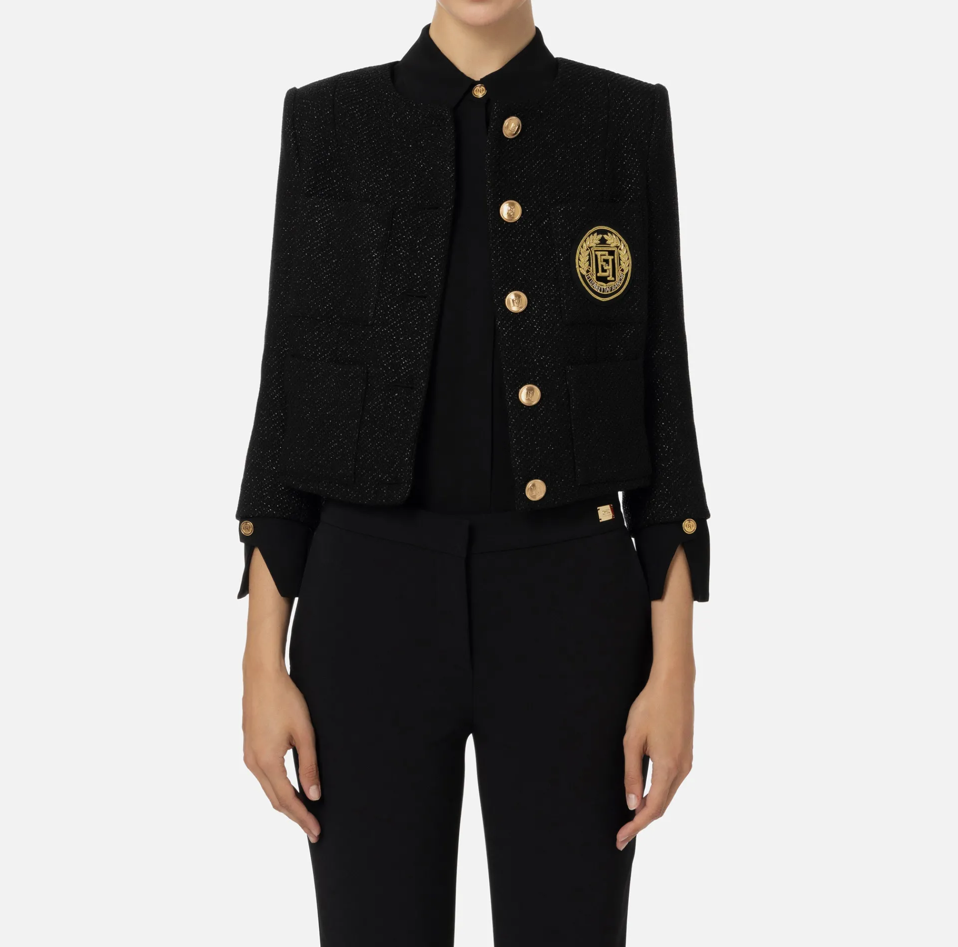 Elisabetta Franchi Jackets And Trench Coats|Laminated tweed cropped jacket with pockets Black