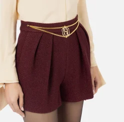 Elisabetta Franchi Trousers And Shorts|Laminated tweed shorts with logo accessory RougeNoir