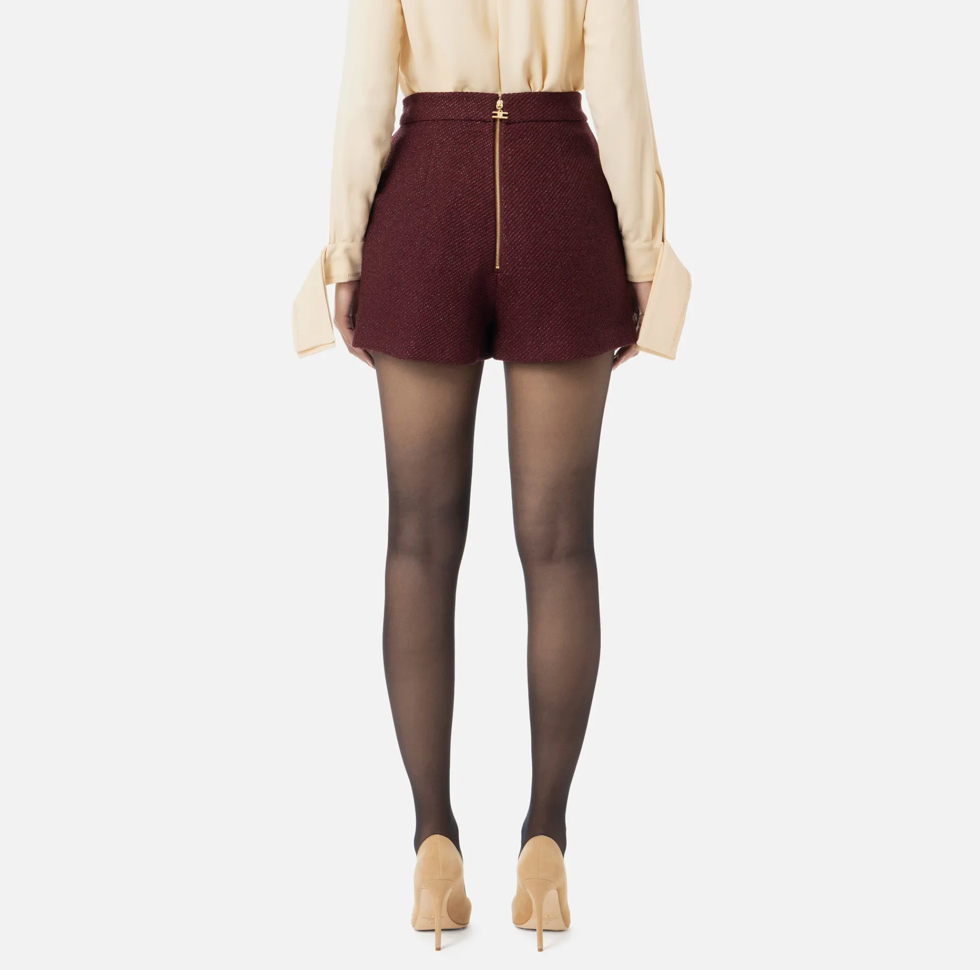 Elisabetta Franchi Trousers And Shorts|Laminated tweed shorts with logo accessory RougeNoir