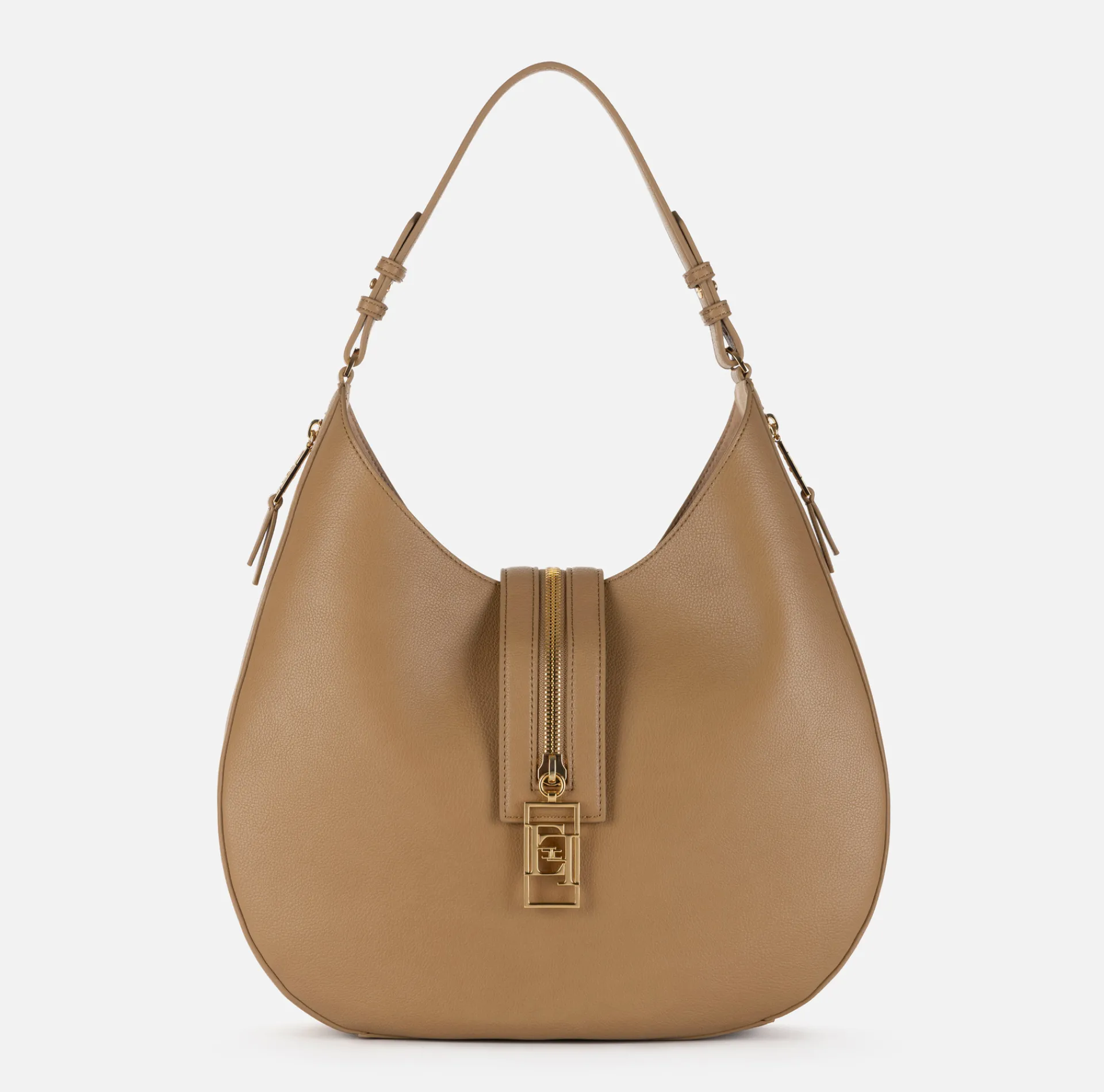 Elisabetta Franchi Shoulder Bags|Large hobo bag in leather-effect material with zip Camel