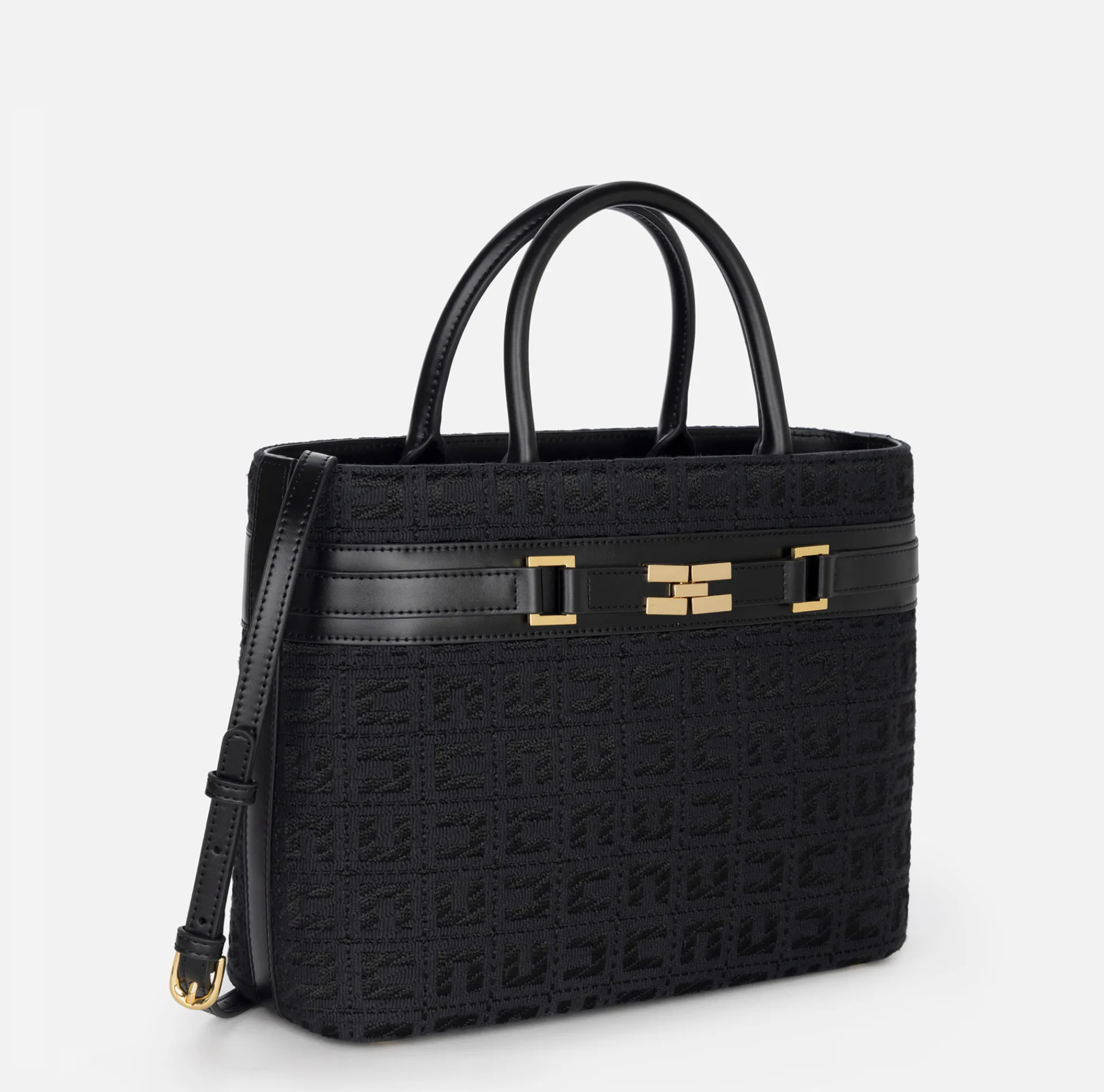 Elisabetta Franchi Handbags|Large shopper bag in jacquard fabric with horsebit Black