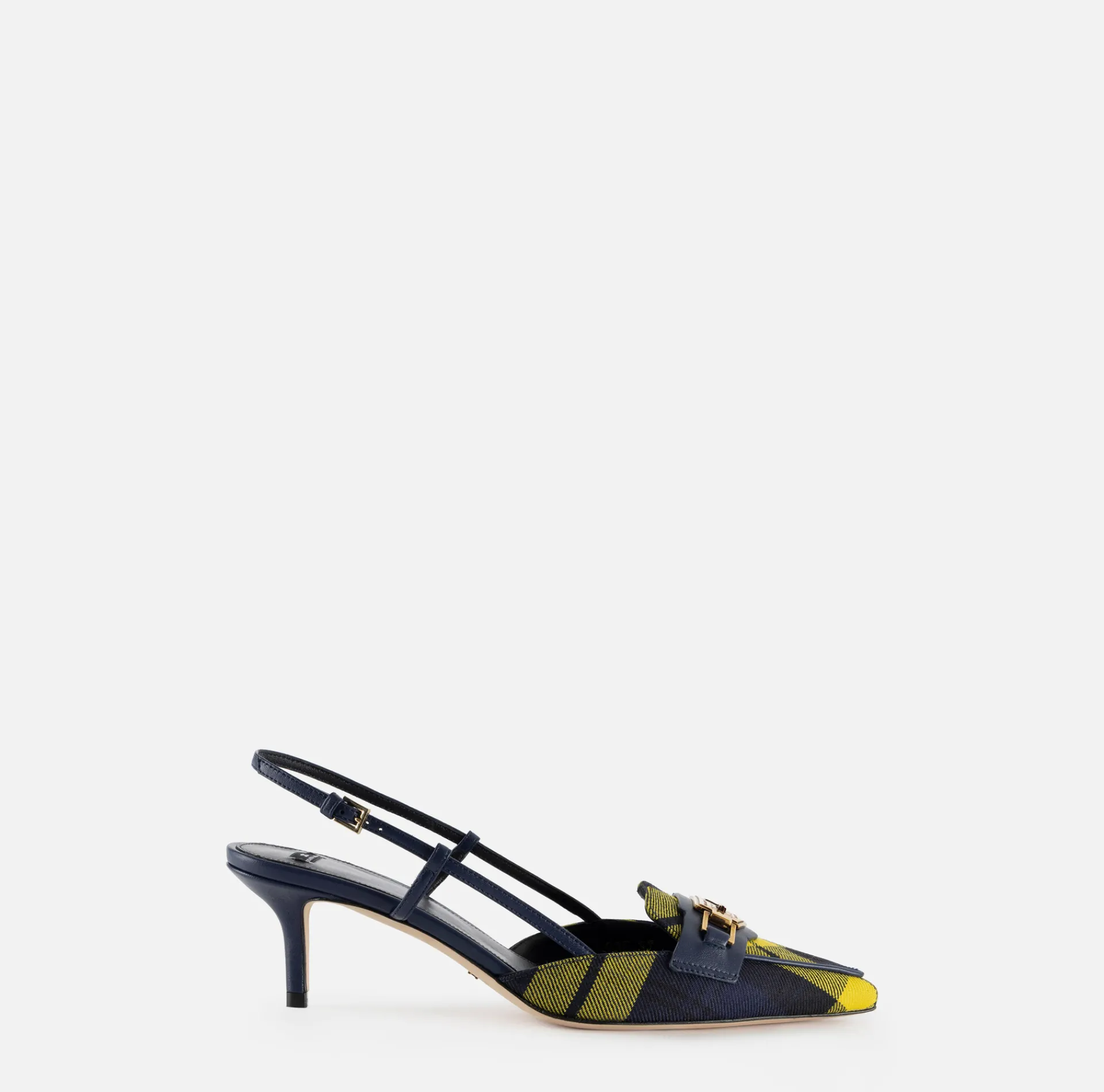 Elisabetta Franchi Pumps|Leather and tartan slingback shoes Navy/Mimosa