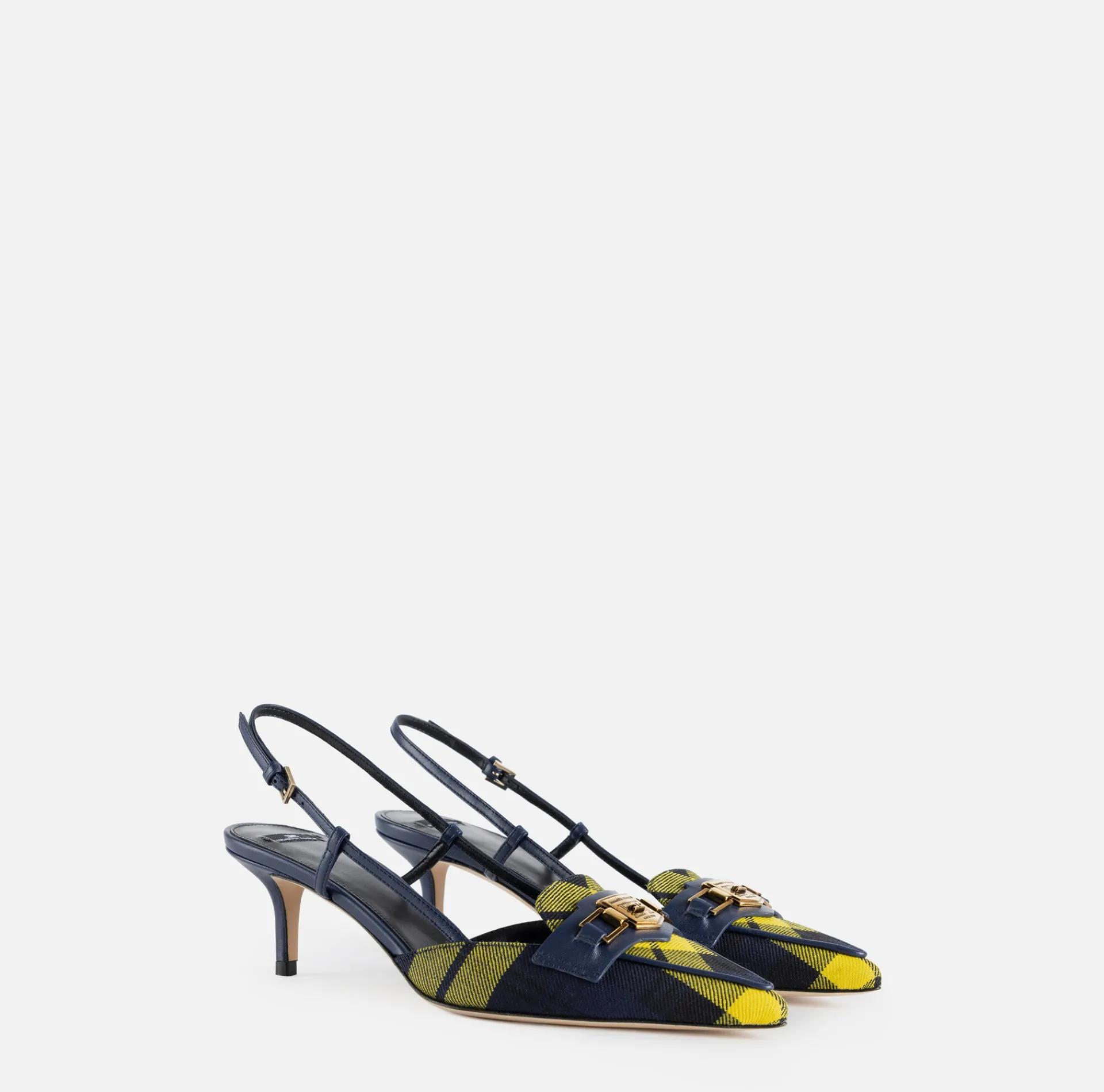Elisabetta Franchi Pumps|Leather and tartan slingback shoes Navy/Mimosa