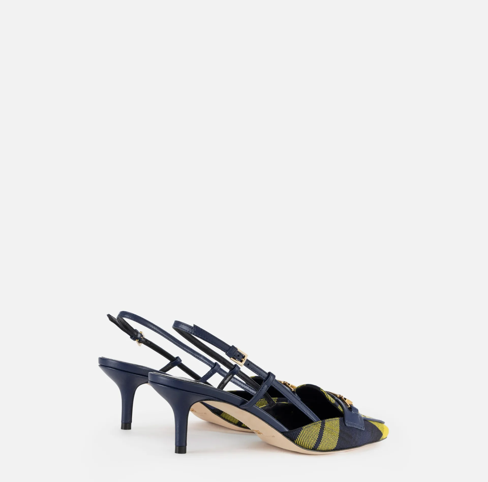 Elisabetta Franchi Pumps|Leather and tartan slingback shoes Navy/Mimosa