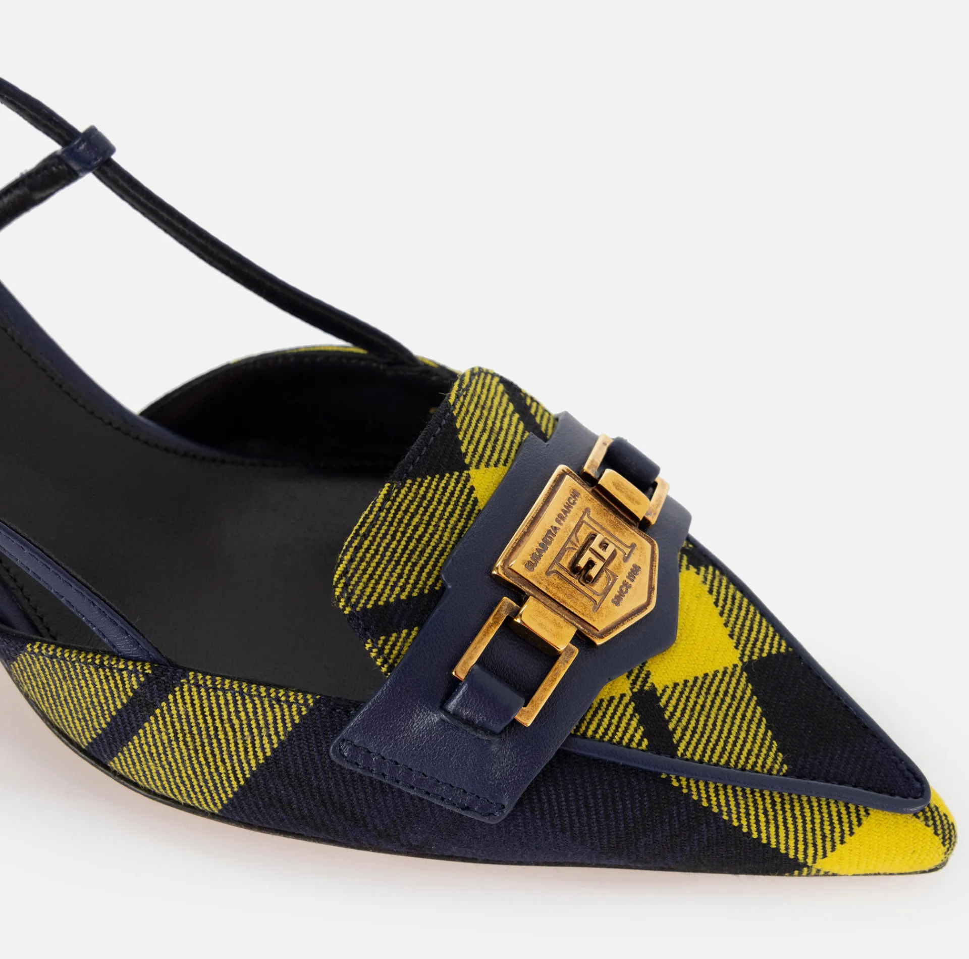 Elisabetta Franchi Pumps|Leather and tartan slingback shoes Navy/Mimosa