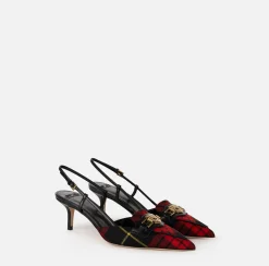 Elisabetta Franchi Pumps|Leather and tartan slingback shoes Black/RedPassion