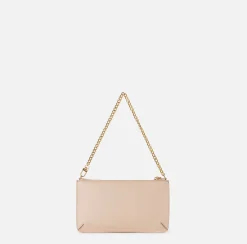 Elisabetta Franchi Shoulder Bags|Leather baguette mini shoulder bag with lettering Nude