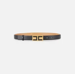 Elisabetta Franchi Belts|Leather belt with enamelled logo plaque Black
