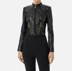 Elisabetta Franchi Jackets And Trench Coats|Leather biker jacket with cups Black