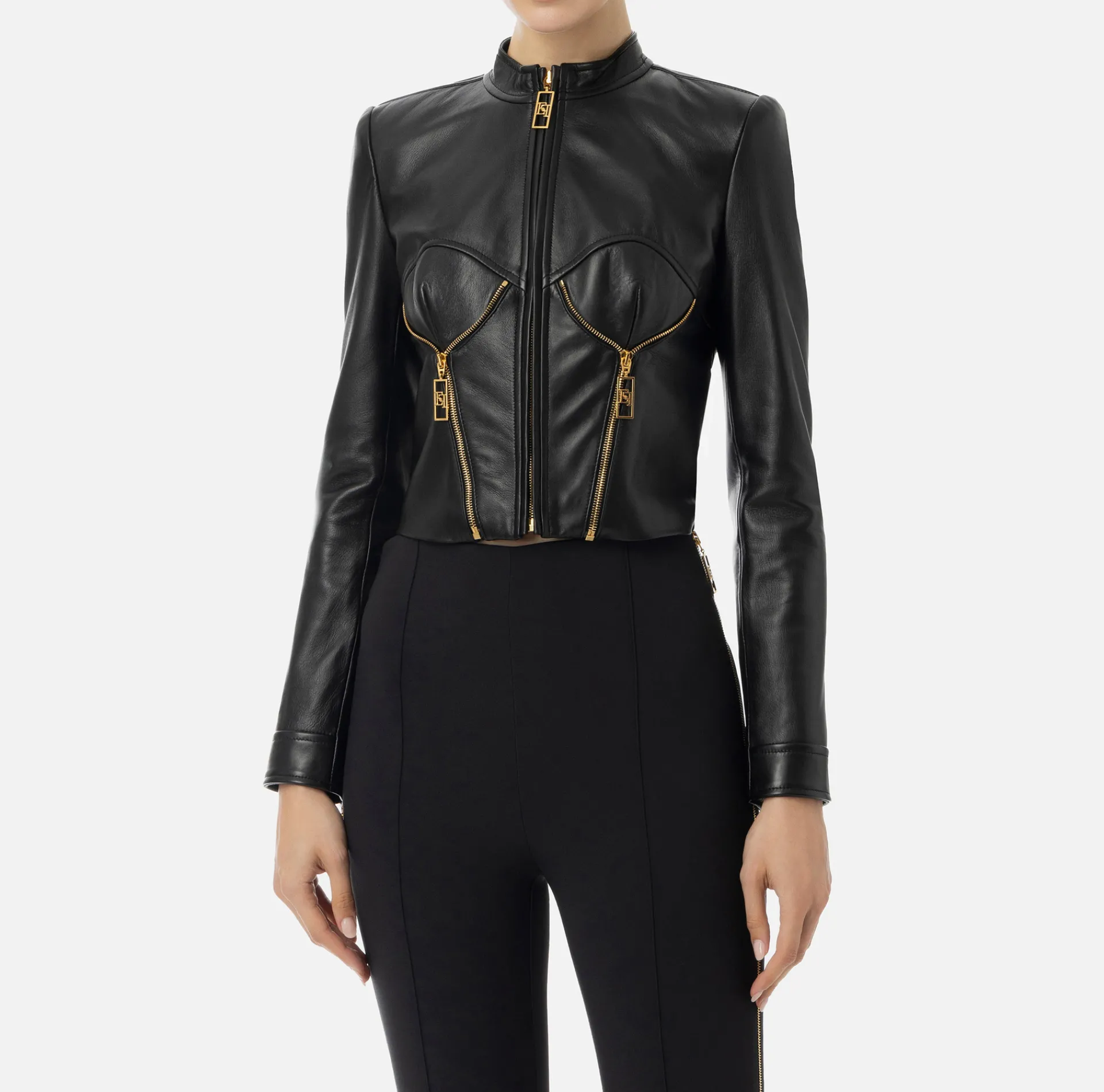 Elisabetta Franchi Jackets And Trench Coats|Leather biker jacket with cups Black