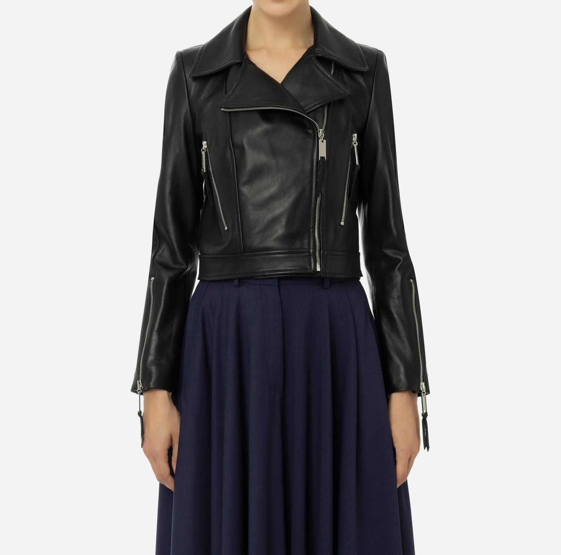 Elisabetta Franchi Jackets And Trench Coats|Leather biker jacket with zip Black