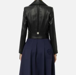 Elisabetta Franchi Jackets And Trench Coats|Leather biker jacket with zip Black