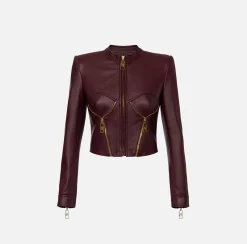 Elisabetta Franchi Jackets And Trench Coats|Leather biker jacket with cups RougeNoir