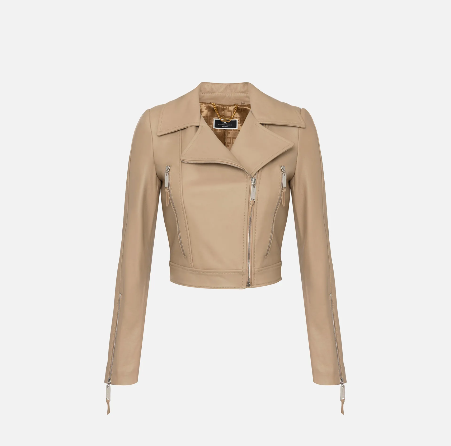 Elisabetta Franchi Jackets And Trench Coats|Leather biker jacket with zip Camel