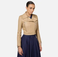 Elisabetta Franchi Jackets And Trench Coats|Leather biker jacket with zip Camel
