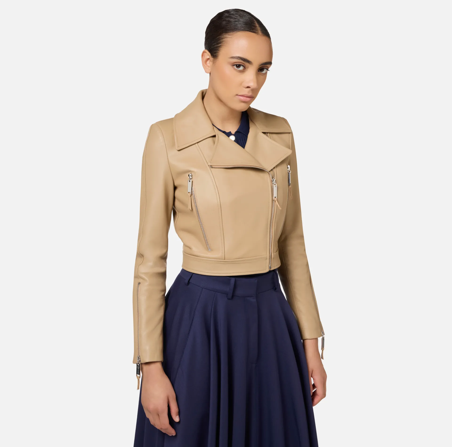 Elisabetta Franchi Jackets And Trench Coats|Leather biker jacket with zip Camel