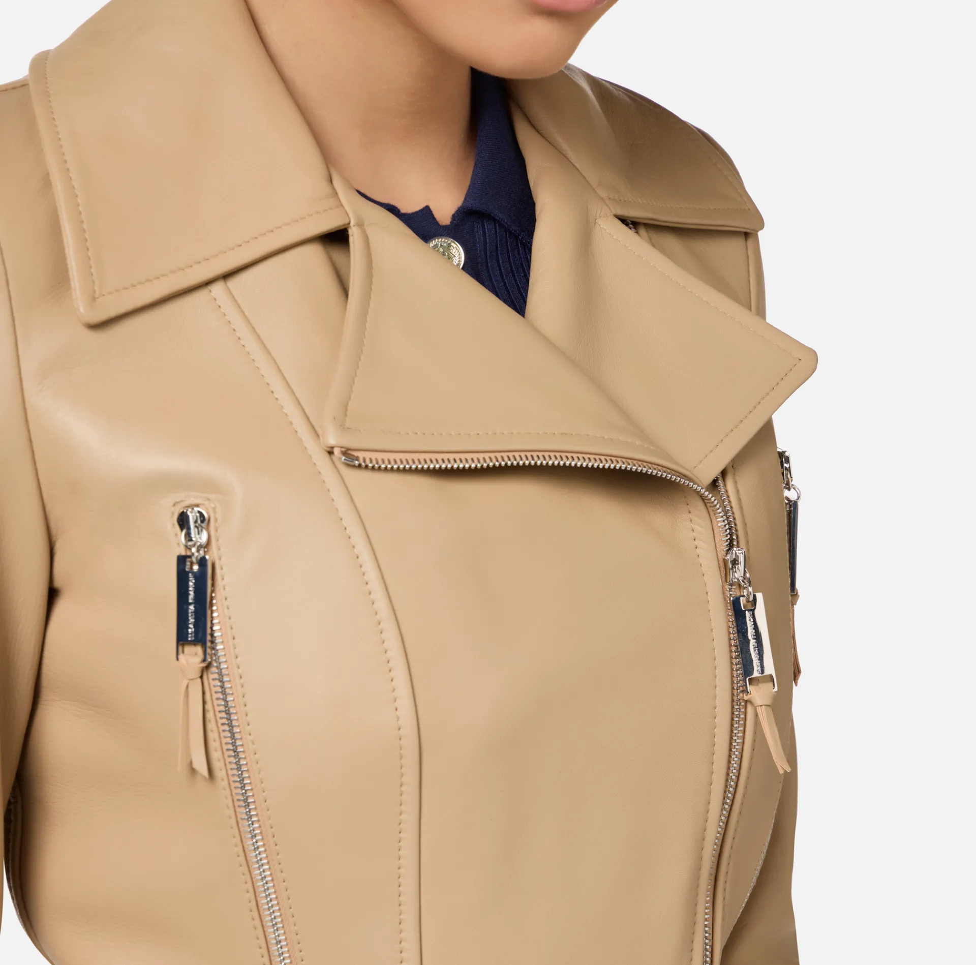 Elisabetta Franchi Jackets And Trench Coats|Leather biker jacket with zip Camel