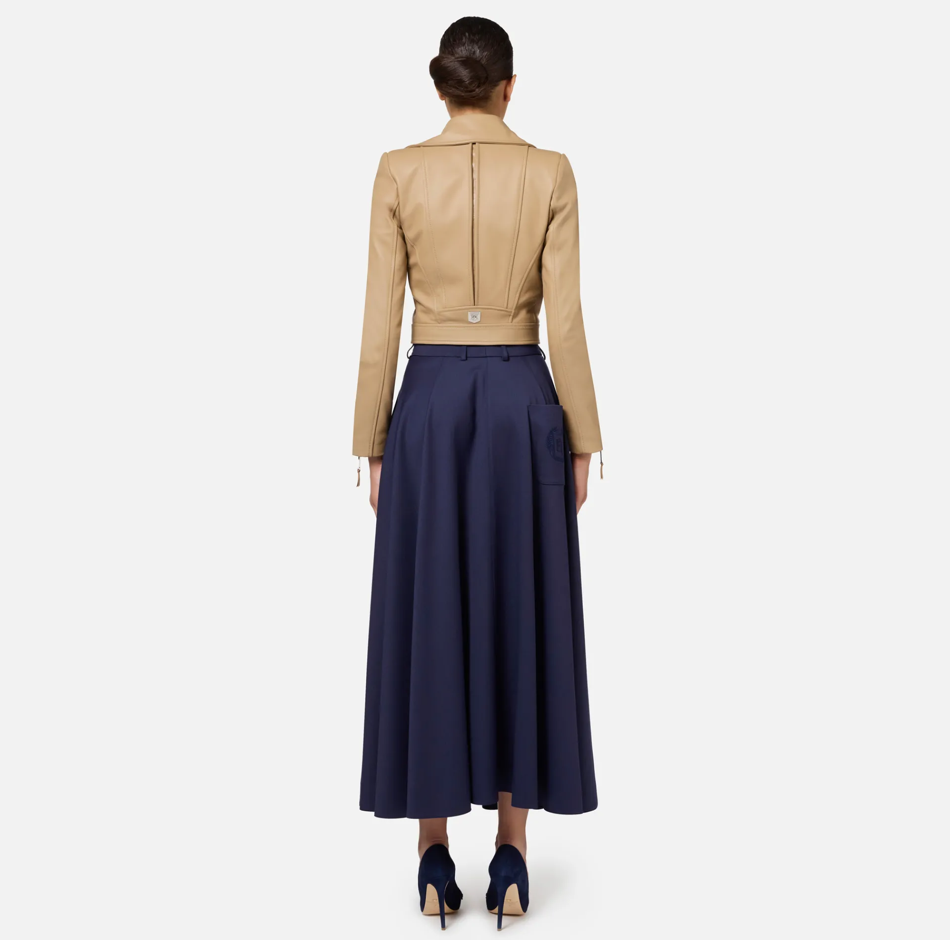 Elisabetta Franchi Jackets And Trench Coats|Leather biker jacket with zip Camel