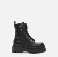 Elisabetta Franchi Boots|Leather combat boot with logo plaque Black