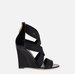 Elisabetta Franchi Sandals|Leather sandal with wedge and jacquard elastics Black