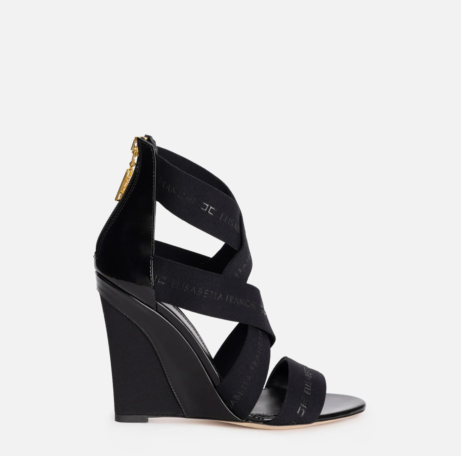 Elisabetta Franchi Sandals|Leather sandal with wedge and jacquard elastics Black