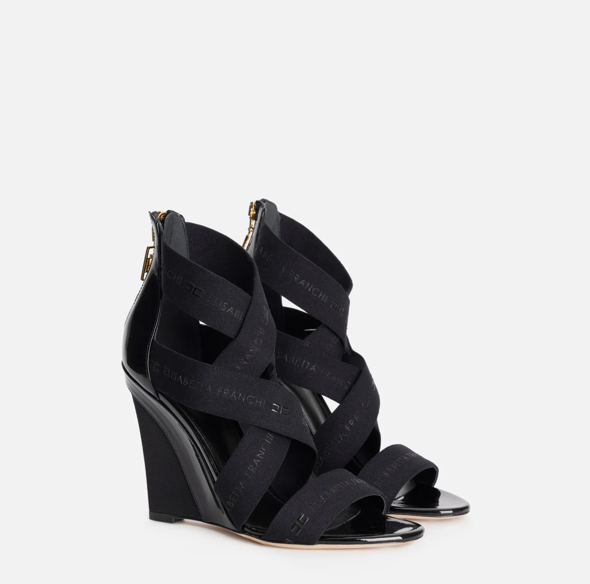 Elisabetta Franchi Sandals|Leather sandal with wedge and jacquard elastics Black