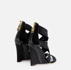 Elisabetta Franchi Sandals|Leather sandal with wedge and jacquard elastics Black