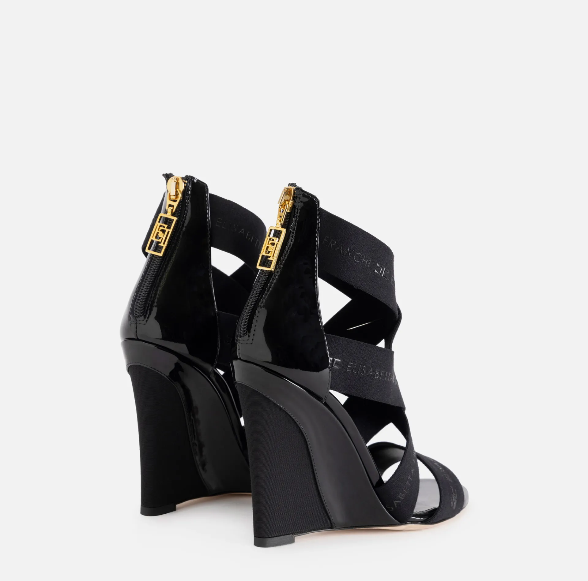 Elisabetta Franchi Sandals|Leather sandal with wedge and jacquard elastics Black
