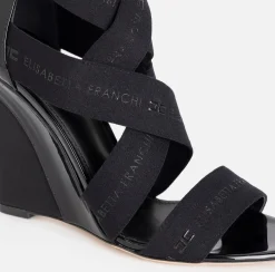Elisabetta Franchi Sandals|Leather sandal with wedge and jacquard elastics Black
