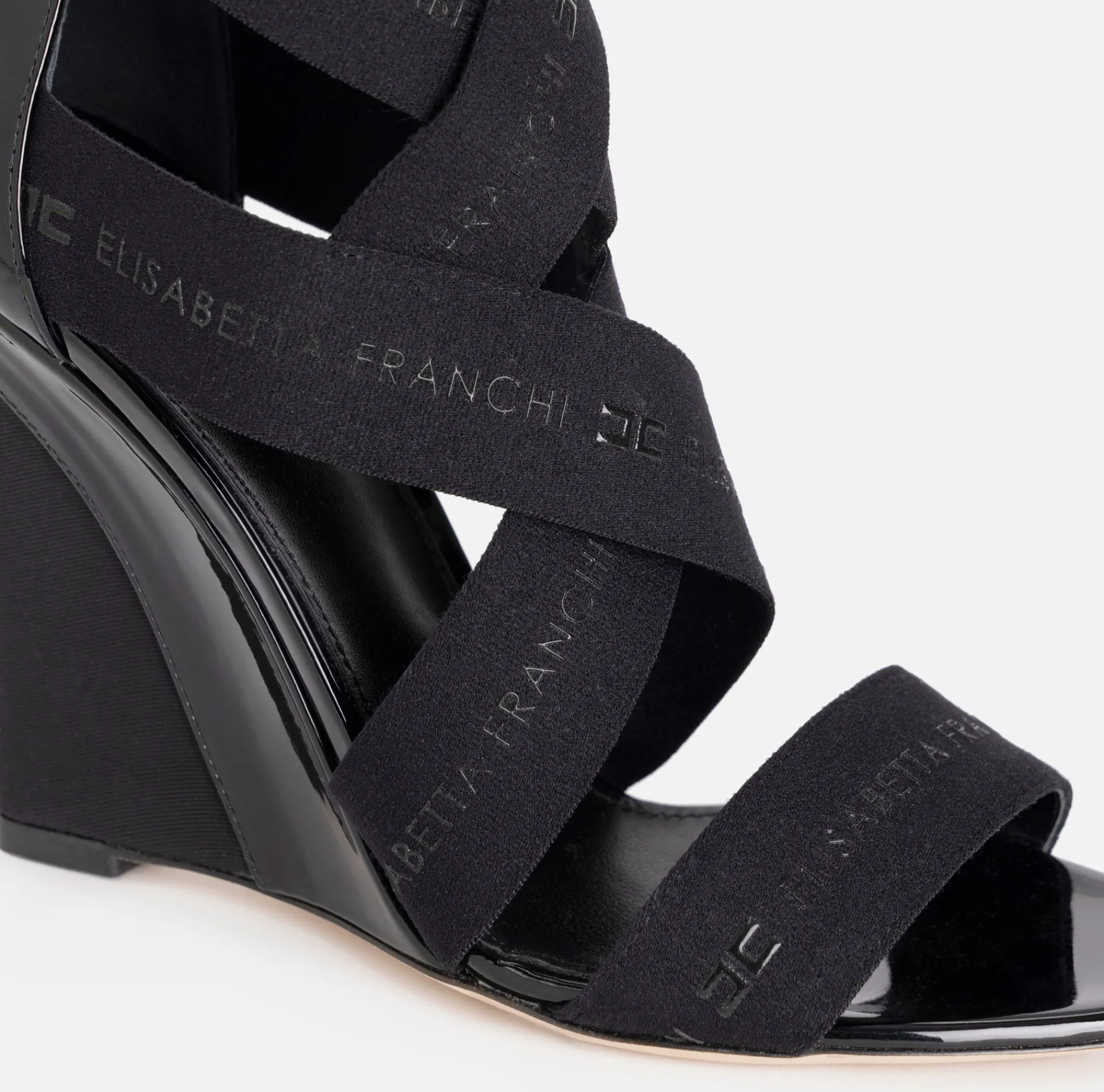 Elisabetta Franchi Sandals|Leather sandal with wedge and jacquard elastics Black