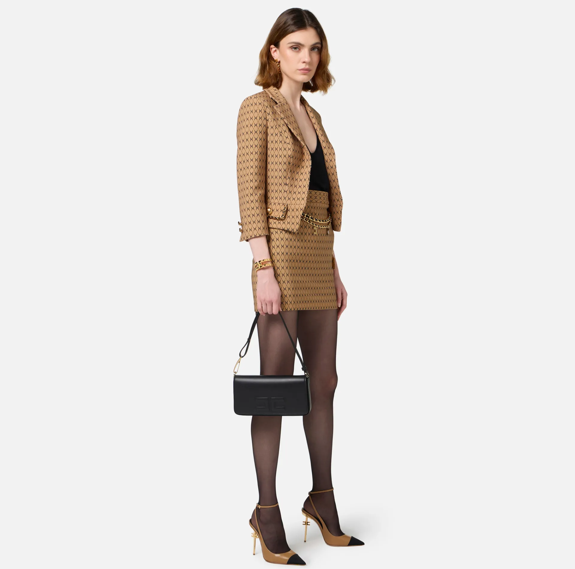 Elisabetta Franchi Shoulder Bags|Leather shoulder bag with embossed logo Black