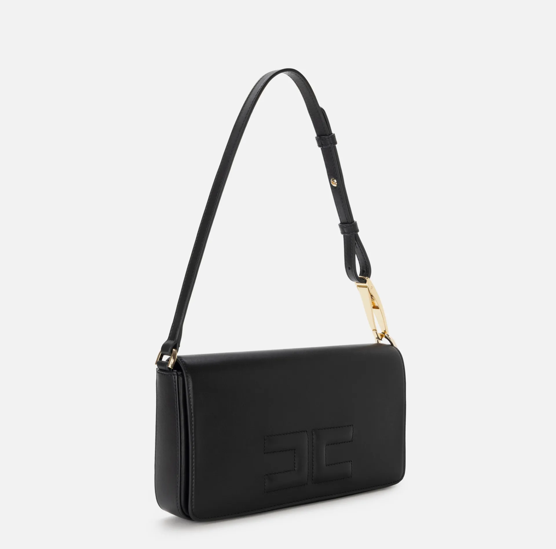 Elisabetta Franchi Shoulder Bags|Leather shoulder bag with embossed logo Black