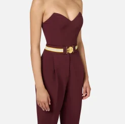Elisabetta Franchi Belts|Logoed elastic belt with logo buckle RougeNoir/Mimosa/Butter