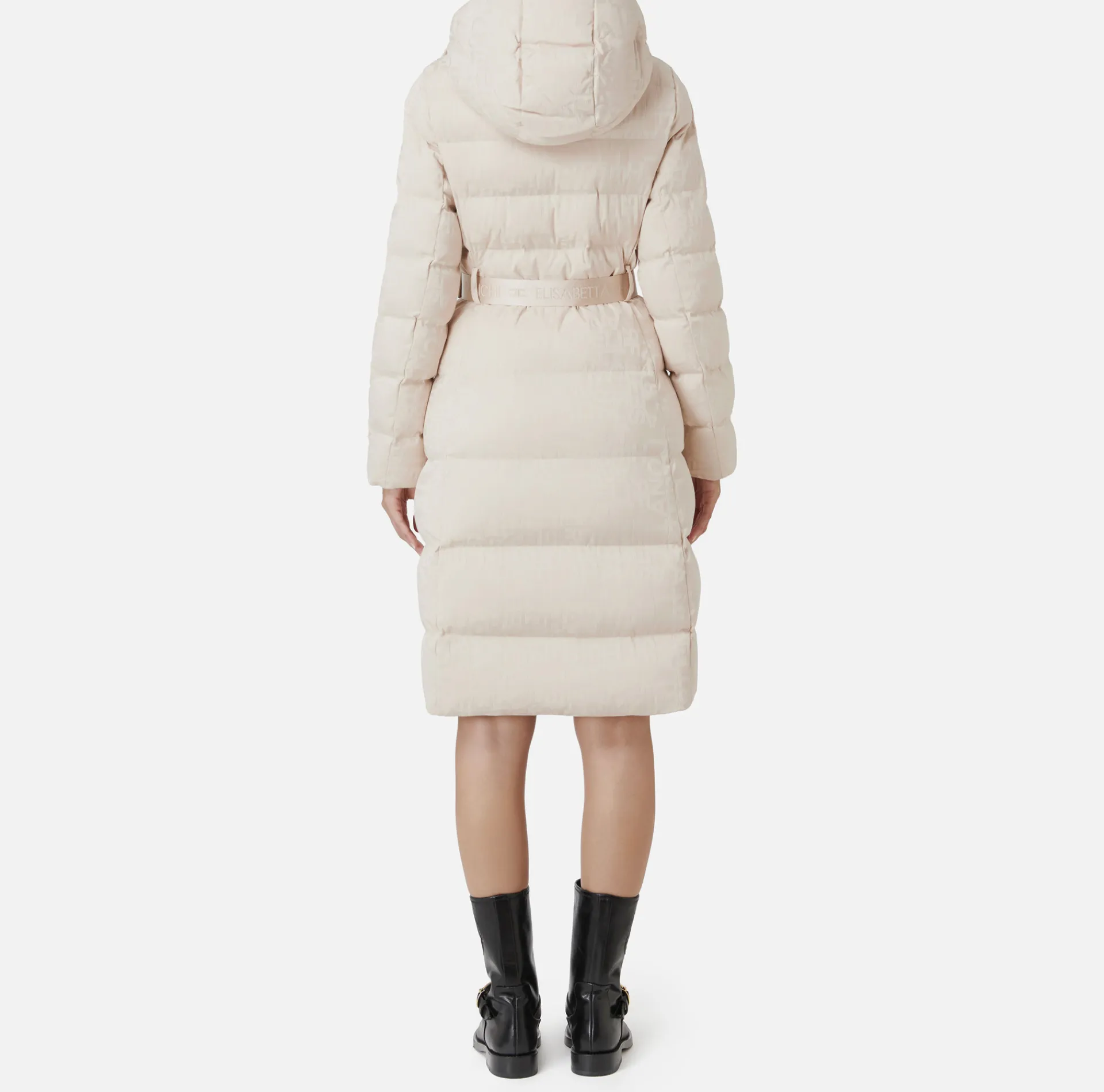 Elisabetta Franchi Coats And Jackets|Long down jacket in nylon jacquard with lettering Latex