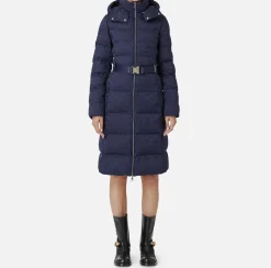 Elisabetta Franchi Coats And Jackets|Long down jacket in nylon jacquard with lettering Navy