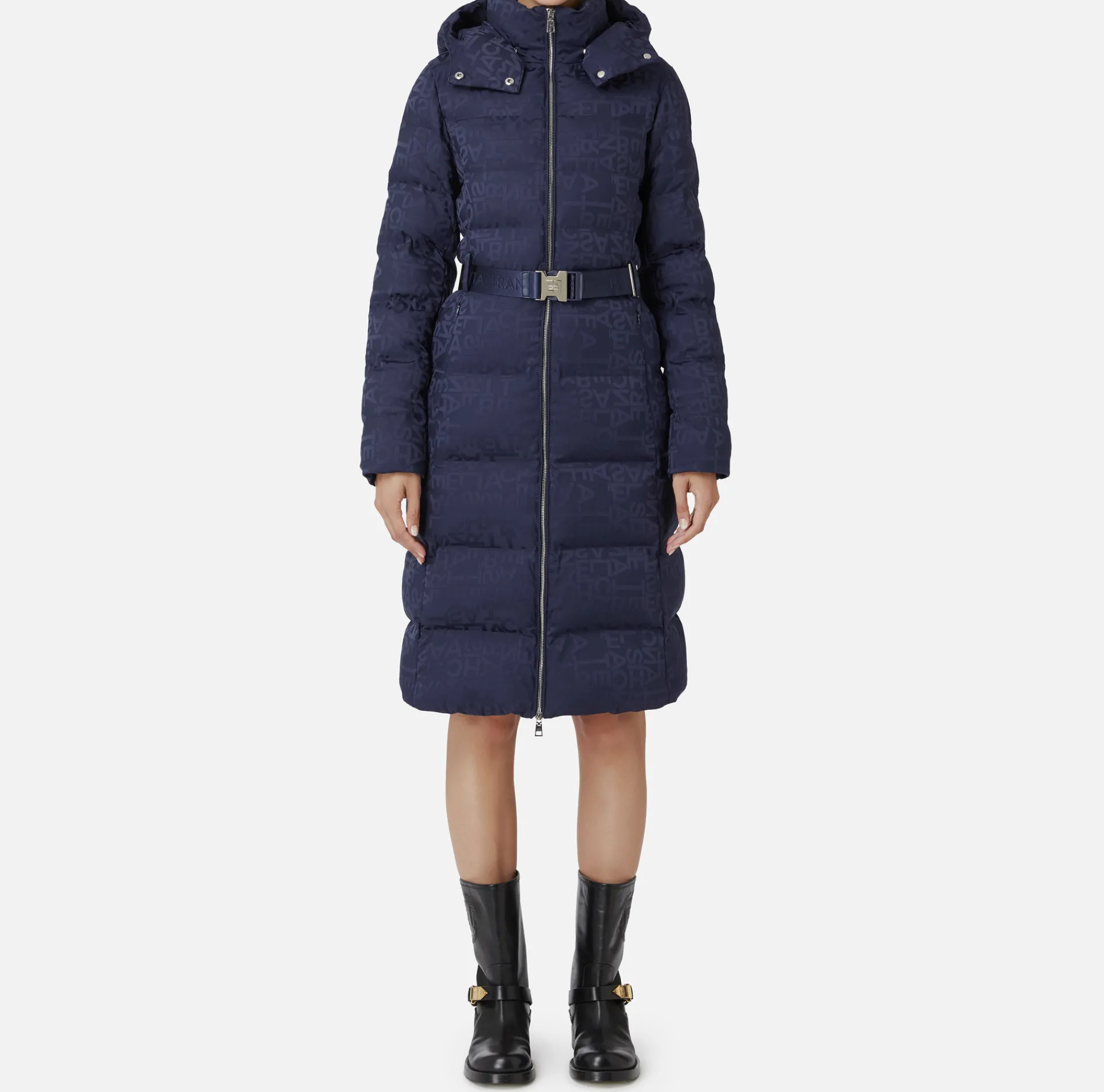 Elisabetta Franchi Coats And Jackets|Long down jacket in nylon jacquard with lettering Navy