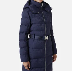 Elisabetta Franchi Coats And Jackets|Long down jacket in nylon jacquard with lettering Navy