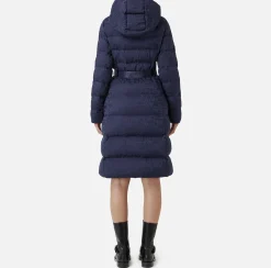 Elisabetta Franchi Coats And Jackets|Long down jacket in nylon jacquard with lettering Navy