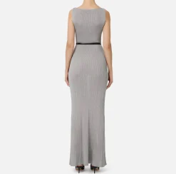 Elisabetta Franchi Knitted Dresses|Dresses|Long dress in pleated rib viscose fabric Silver